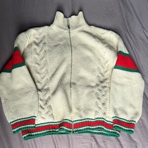 Gucci Cream Zip Up Sweater with Red and Green Accents